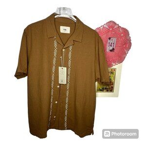NWT Folk Maze Short Sleeve Linen Shirt Chain Stitch Embroidery